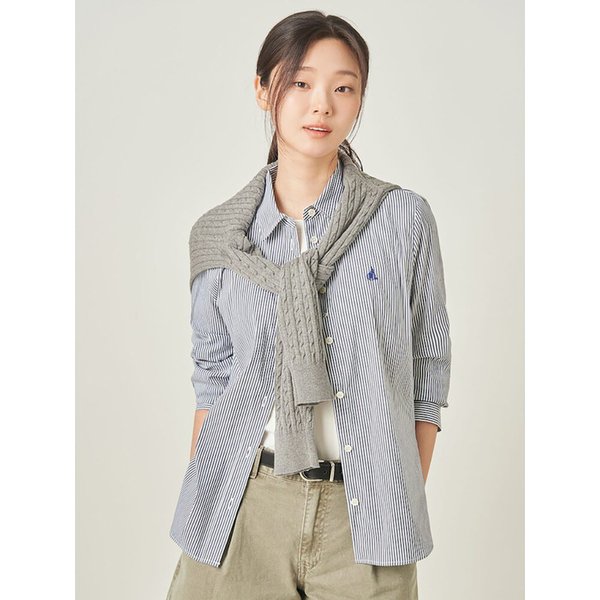 [Essential] 면 혼방 스트라이프 슬림핏 셔츠  네이비 (BF5864E04R)