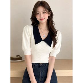 브이넥 벌룬 소매 니트 티셔츠  G4MTS071P _P365763675