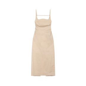 Square neck strap back smocking dress (Beige)