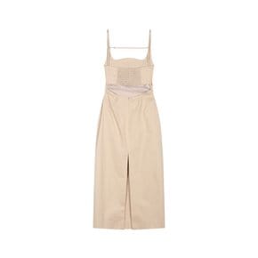 Square neck strap back smocking dress (Beige)