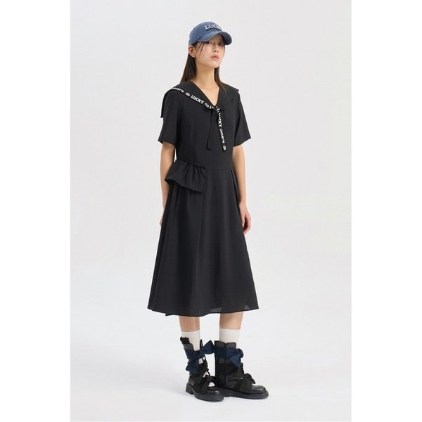 Lettering Tape Point Sailor Short Sleeve Long Dress (black) LFDAM26430BKX