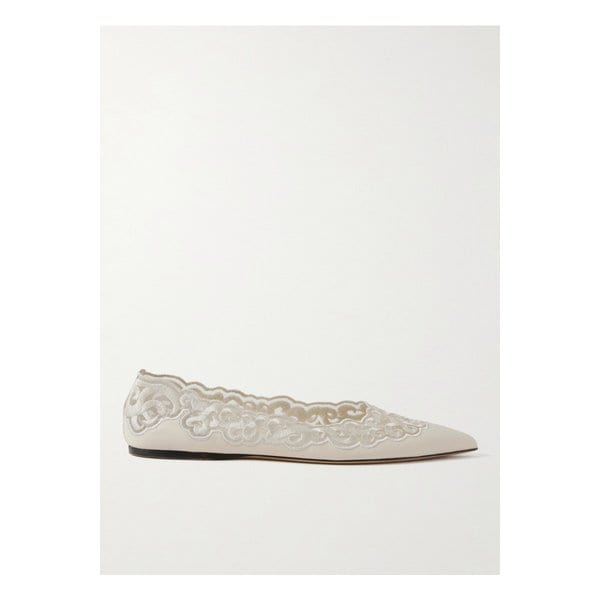 지바 가죽 자수 튤 포인티드 토 플랫 46376663162899268