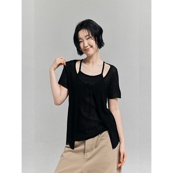 레이어드 셋업 니트 가디건 블랙