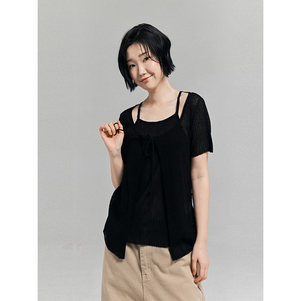 레이어드 셋업 니트 가디건 블랙