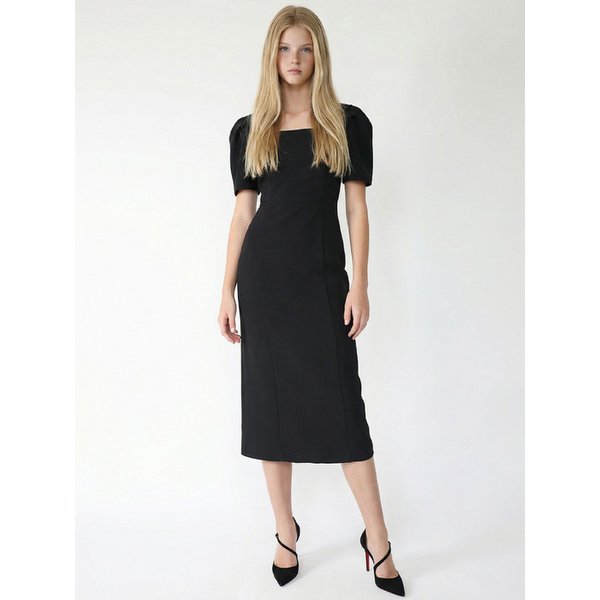 퍼프슬리브 스퀘어넥 미디 드레스_BLACK