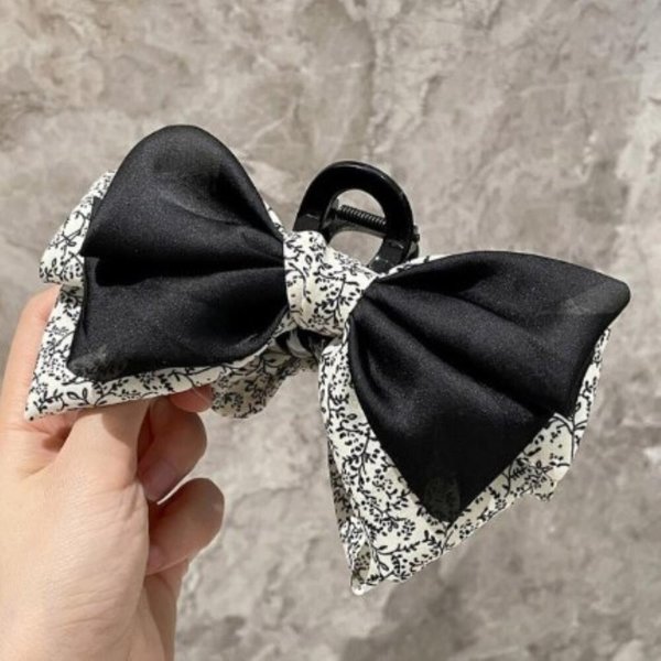 [옷자락] 여성 러블리 꽃패턴 배색 쉬폰 리본 집게 헤어핀