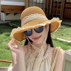 레이스 썸머모자 끈달린 밀짚 모자 라탄 휴양지