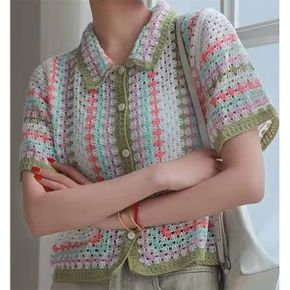 펀칭패턴 카라배색 반팔가디건 A489CE_P388854294