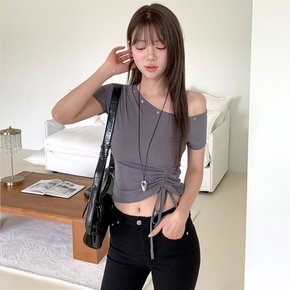 여자 아일렛 원 오프숄더 셔링 반팔 티셔츠