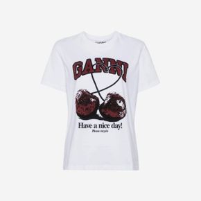 (W) 가니 릴드 체리 티셔츠 브라이트 화이트 (W) Ganni Relaxed Cherry T-Shirt Bright White