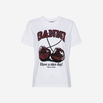  (W) 가니 릴드 체리 티셔츠 브라이트 화이트 (W) Ganni Relaxed Cherry T-Shirt Bright White