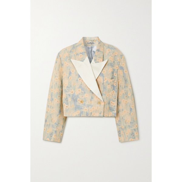 크롭 더블 브레스티드 새틴 트리밍 플로럴 캔버스 블레이저 1647597290260092