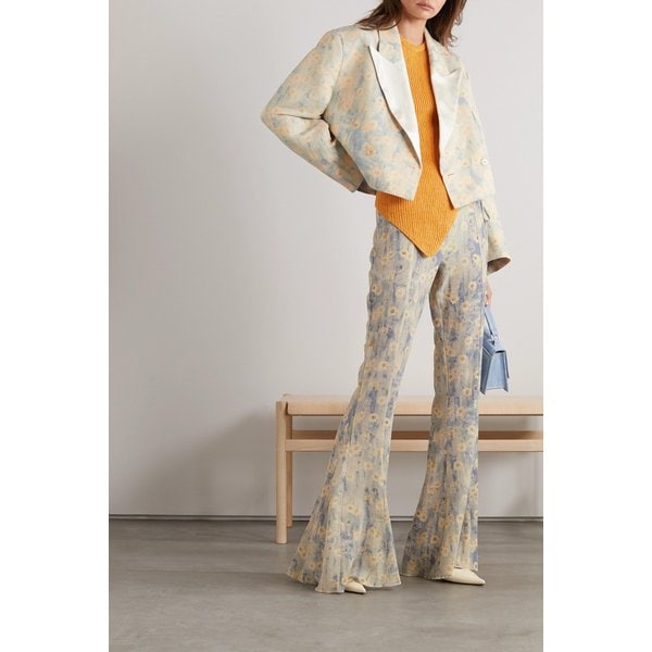 크롭 더블 브레스티드 새틴 트리밍 플로럴 캔버스 블레이저 1647597290260092