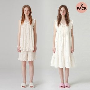 [2PACK]실크핏 버니 민소매 + 원피스 잠옷 세트