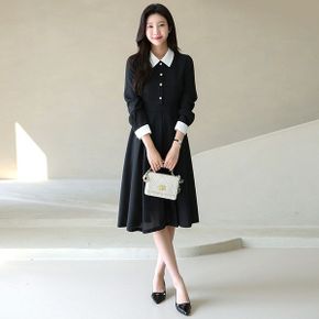 로시엘 배색 카라 진주 플리츠 미디 원피스_P405802586