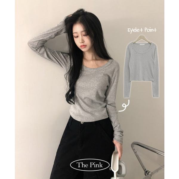 확대된 대표 더핑크 / 이룬 슬림핏 아일렛 크롭 긴팔티
