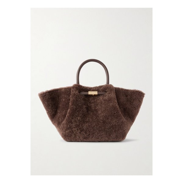 드멜리어 뉴욕 미디 가죽 트리밍 시어링 토트 브라운 46376663162913579