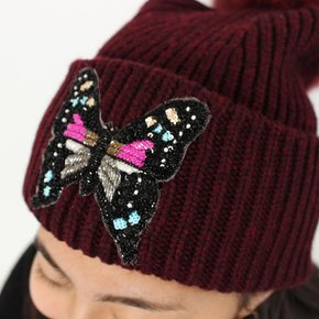 버터플라이 폼 여성 울비니 9WAA156XXMAXX 레드 Yves Salomon Butterfly Knit Pom Beanie