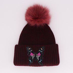 버터플라이 폼 여성 울비니 9WAA156XXMAXX 레드 Yves Salomon Butterfly Knit Pom Beanie