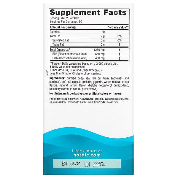 노르딕 내추럴스 얼티메이트 오메가3 1280mg 피쉬 젤라틴 180소프트젤 레몬맛
