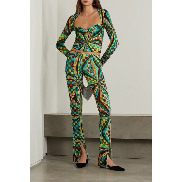 시에드레스 멀트 프린트 스트레치 저지 플레어 팬츠 그린 1647597329210096