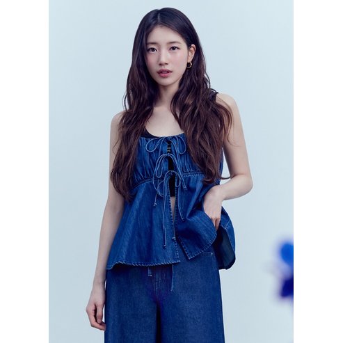 게스 [게스진] [SUZY] YP2D2257 여성 원워시 민소매 리본 블라우스_BLUE BLACK
