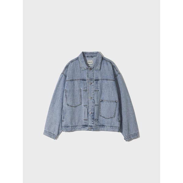 Pleated Wide Denim Jacket - Washed Blue
