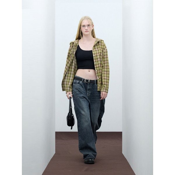 85-VIVA103 팜트리 후드 오버핏 긴팔 체크 셔츠 그린