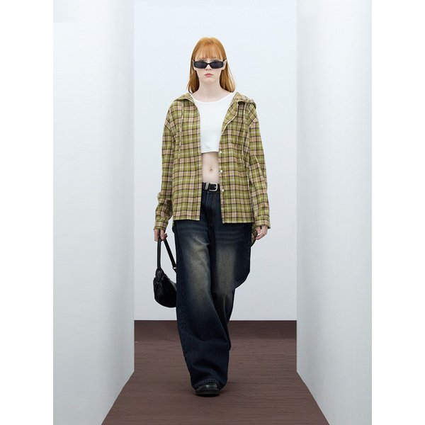 85-VIVA103 팜트리 후드 오버핏 긴팔 체크 셔츠 그린