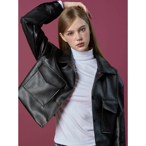 WOMEN 빈티지 스티치 크롭 트럭커 점퍼 가죽 자켓 [BLACK]