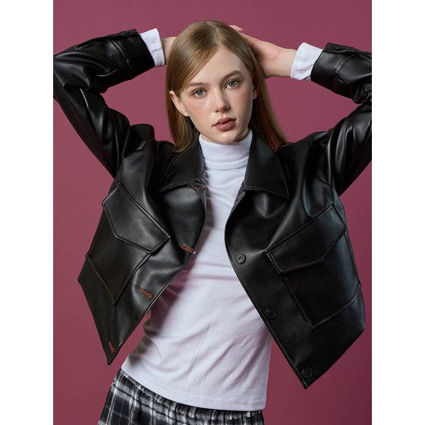 WOMEN 빈티지 스티치 크롭 트럭커 점퍼 가죽 자켓 [BLACK]