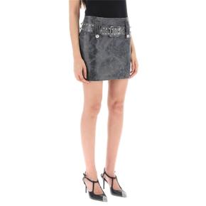 Leather mini skirt with belt and appliques Womens Skirt FAB3459 L4077 DARK