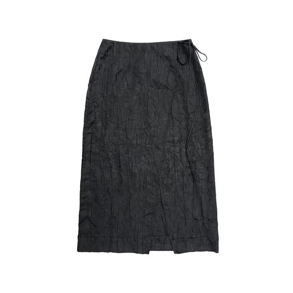 BLACK WRINKLED SELF TIE MIDI WRAP SKIRT