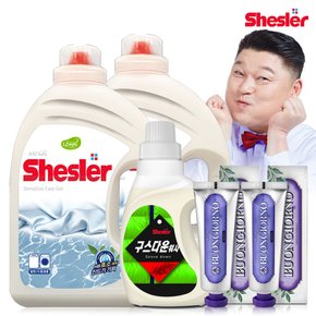 강호동의 쉬슬러 액상 세제 센스티브 3.05L 2개+구스다운워시전용 650ml 1개+잇몸케어 치약 100g 2개.