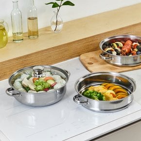 독일브랜드 IH인덕션 스텐 3단 찜 전골 냄비 28cm (2단찜기+전골냄비) 끓어넘침 튀틀림 방지 스텐찜솥 찜기