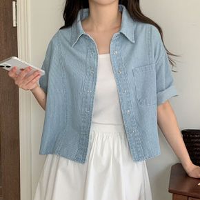 크롭 데님 반팔 셔츠 단가라 카라 숏 남방 여름 데일리 청셔츠_P428454731