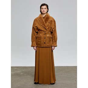 SHAWL COLLAR SUEDE SHEARLING COAT (CAMEL)