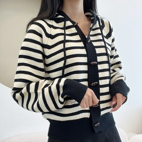 폴트 니트 후드 가디건 토글버튼 캐주얼 데일리 학생 편안 아우터 스트라이프 .._P439535374