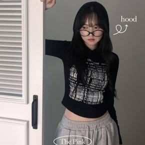 / 이얼 슬림핏 레터링 절개 세미 크롭 후드티
