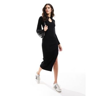 이스퀘어 4275141 Mango loop collar knit midi dress in black