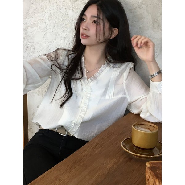 브이넥 러플 핀턱 블라우스 - Cream