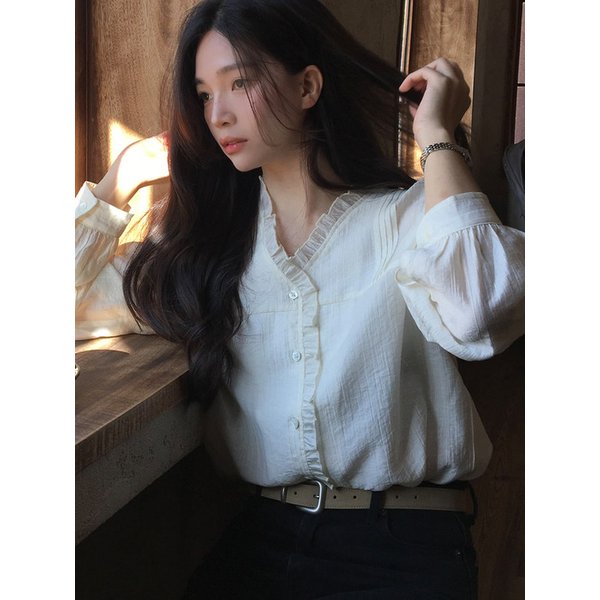 브이넥 러플 핀턱 블라우스 - Cream