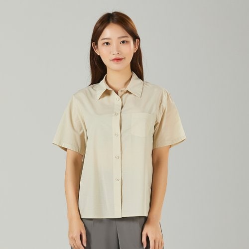 여성용  여름 반소매 면혼방 스판셔츠 베이지 솔리드 여자용 셔츠블라우스