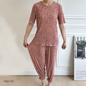 여성 여름 냉감 꽃무늬 바지 주름 플 팬츠 반팔 조거 하렘 세트 쿨링 홈웨어 밴딩