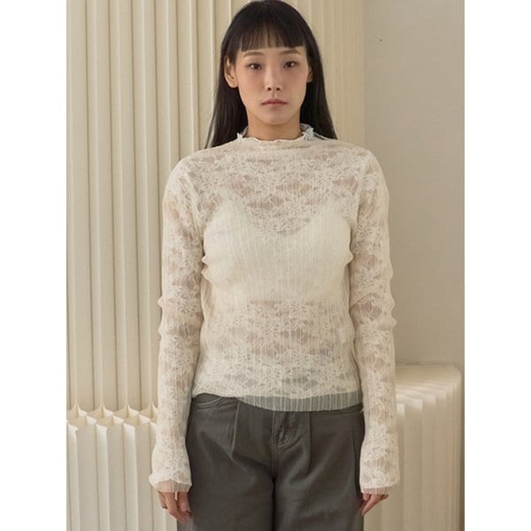 Sheer Pleated Mesh High Neck Top_Beige