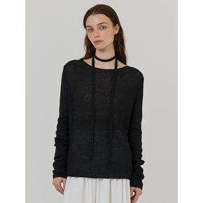 Seethrough linen exotic knit pullover (Black)