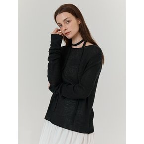 Seethrough linen exotic knit pullover (Black)