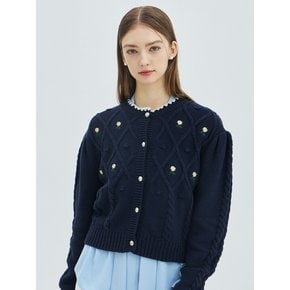 Flower Puff Sleeve Knit Cardigan - Navy