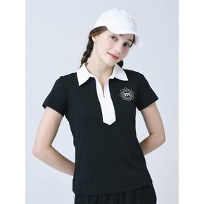 24SS  배색 셔츠 카라 오픈넥 기능성 소재 블랙 반팔 티셔츠