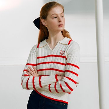 로라로라 V NECK COLLAR STRIPE KINT RED